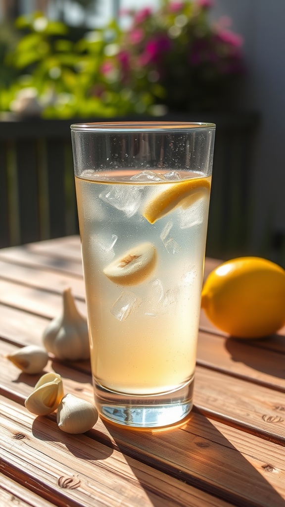 A refreshing glass of garlic water with garlic cloves and lemon, set on a rustic table.